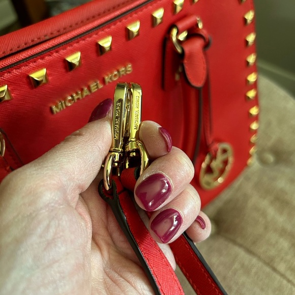 MICHAEL KORS Sandrine Gold Studded Satchel‎ Shoulder Bag/Purse Red - Picture 12 of 13